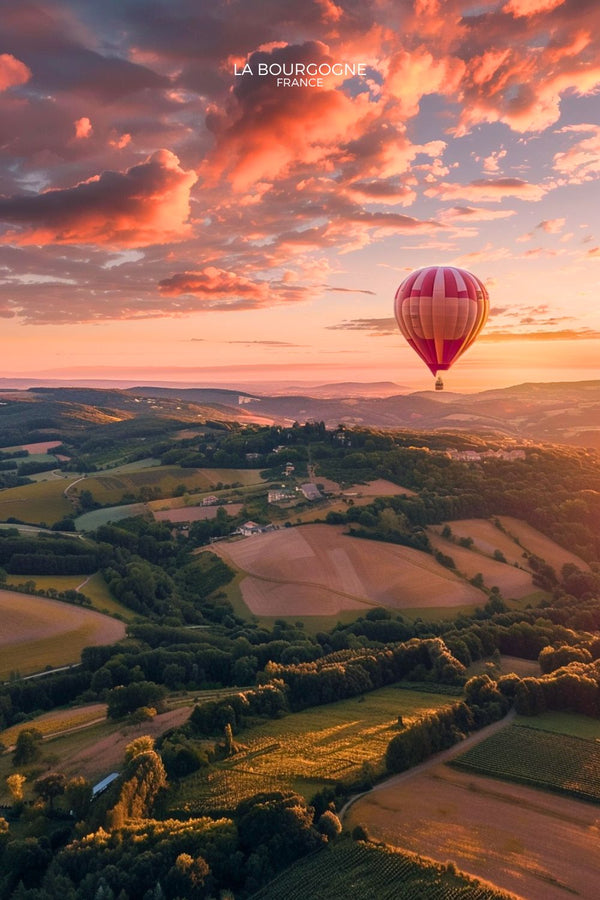 Affiche de Bourgogne - Montgolfière et coucher de soleil