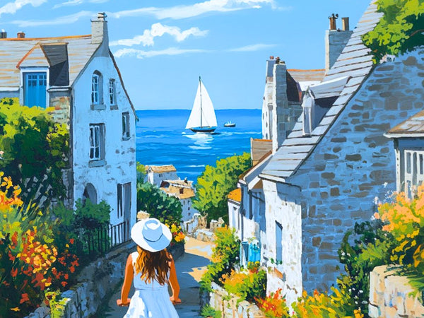 Affiche Bretagne Retro Vintage Vacances - Mer et village charmant.