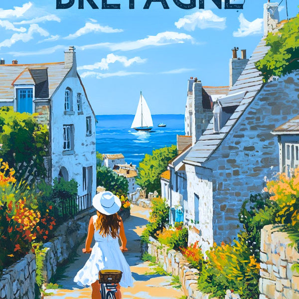 Affiche Bretagne Retro Vintage Vacances - Mer et village charmant.