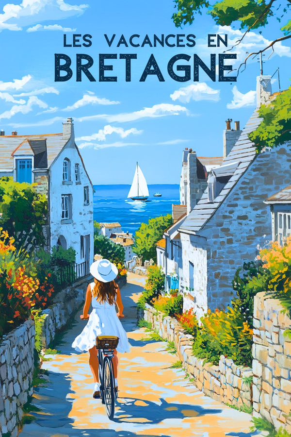 Affiche Bretagne Retro Vintage Vacances - Mer et village charmant.