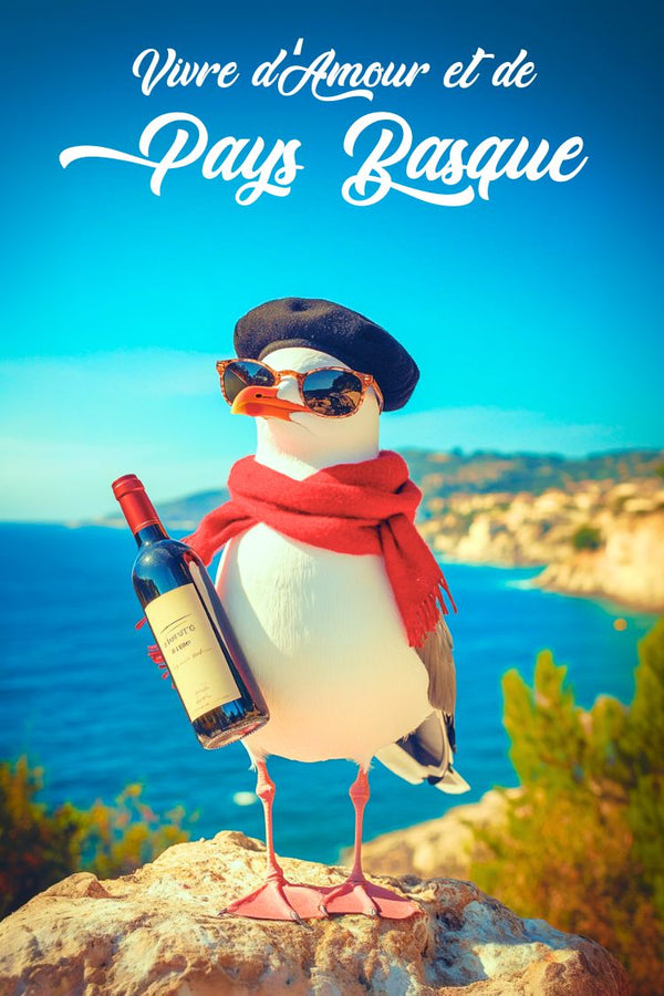 Affiche rigolote vin et mouette, parfaite pour une déco fun.