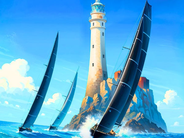Affiche, Poster, Coucher de Soleil, Bateau de Course, Phare, Décoration, Paysage, Maritime, Murale, Impression.