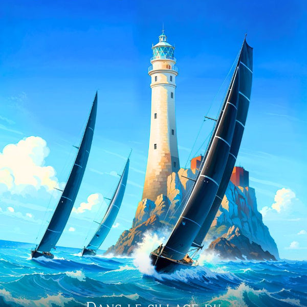 Affiche, Poster, Coucher de Soleil, Bateau de Course, Phare, Décoration, Paysage, Maritime, Murale, Impression.