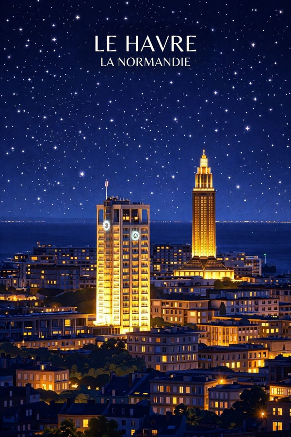 Le Havre, affiche, nocturne, tour d'horloge, église Saint Joseph, décoration, murale, design, France, art moderne.