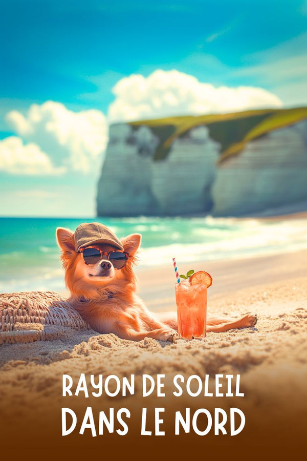 Poster, drôle, chien, cocktail, plage, nordique, ensoleillée, humour, décoration, WCE.