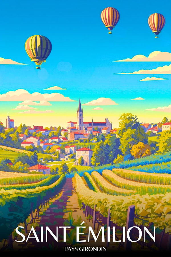 Illustration Saint-Émilion, vin, vignoble et montgolfière en déco murale.