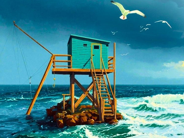 Affiche Gironde cabanes de pêcheurs, poster mer illustration, vague mouette décoration.