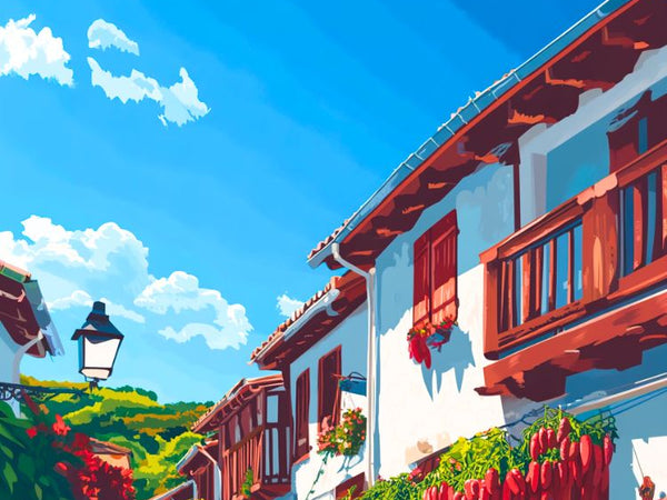 Affiche vintage Pays Basque, maison typique, piment rouge, tradition.