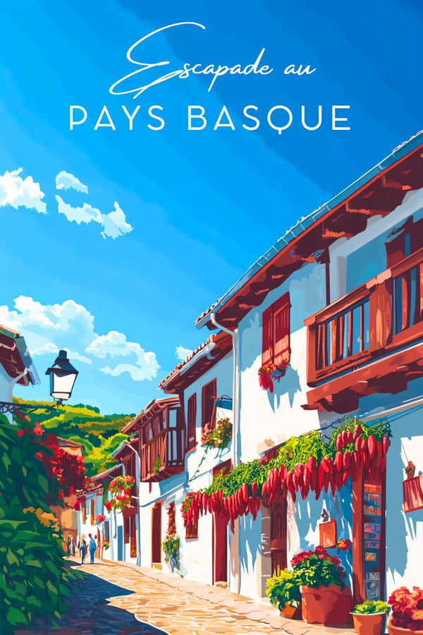 Affiche vintage Pays Basque, maison typique, piment rouge, tradition.