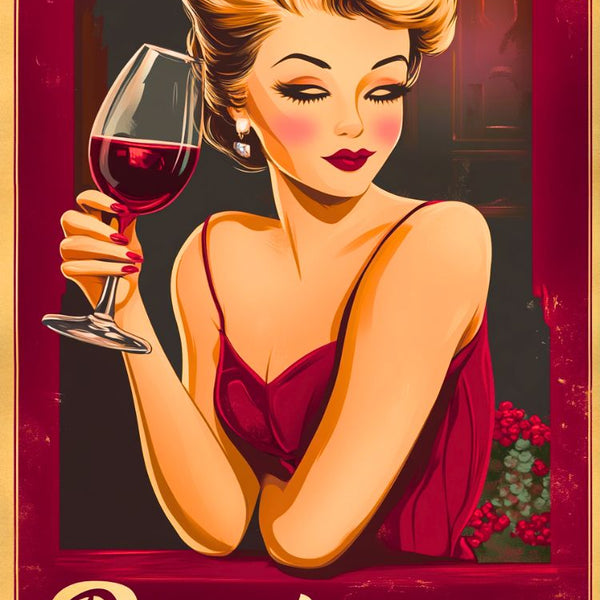 Affiche vintage Bordeaux vin rouge femme élégance rétro.