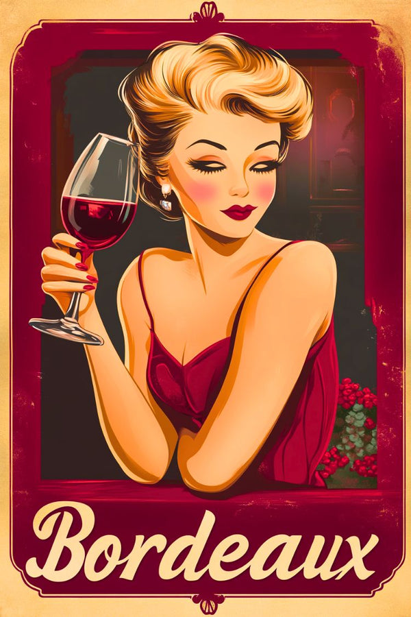 Affiche vintage Bordeaux vin rouge femme élégance rétro.