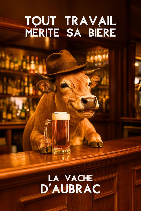 Affiche, Drôle, Travail, Mérite, Bière, Vache, Aubrac, Aveyron, Décoration, Humour.