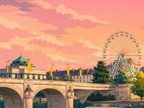 Affiche Tours - Rétro vintage sunset quai fleuve grande roue