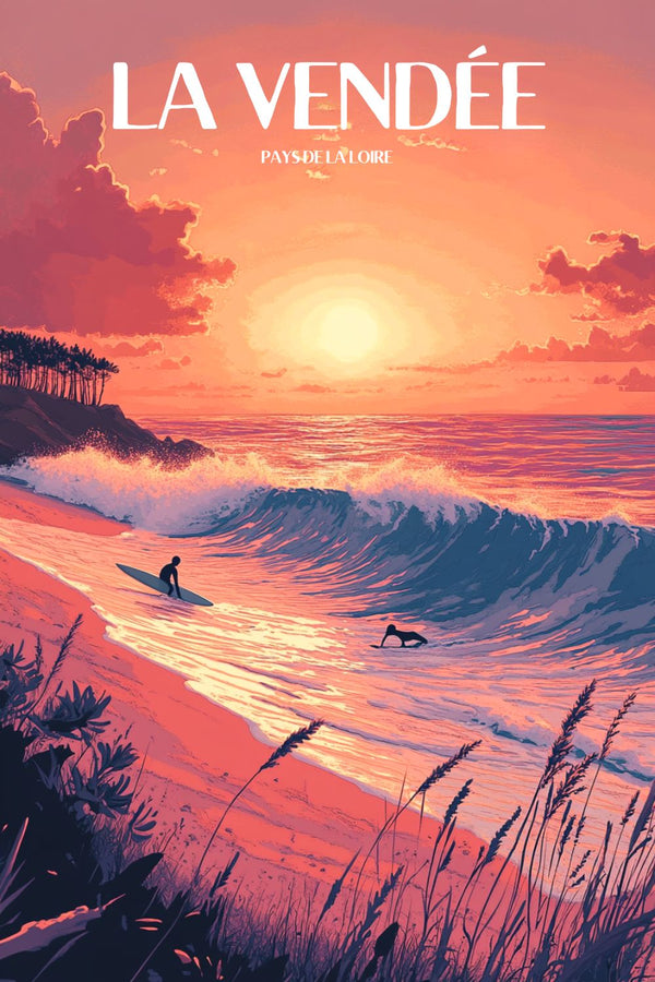 La Vendée surf pays de la loire plage coucher de soleil Affiche Poster Vintage Retro Deco Mural