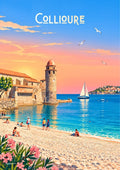 affiche, Collioure, coucher de soleil, port, tour, phare, vue, sunset, Côte Vermeille, décoration murale