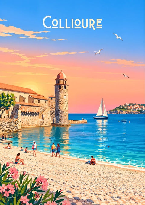affiche, Collioure, coucher de soleil, port, tour, phare, vue, sunset, Côte Vermeille, décoration murale
