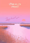 affiche, Étang de l'Or, Hérault, coucher de soleil, pastel, étang, paysage, Occitanie, souvenir, décoration murale