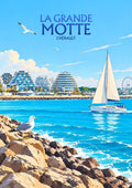 affiche, La Grande-Motte, Hérault, souvenir, mer, voilier, bleu, port, Occitanie, décoration murale