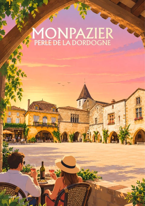 affiche, rétro, vintage, Monpazier, perle de la Dordogne, déco murale, décoration, bastide, Périgord, souvenir