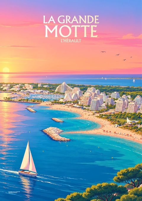 affiche, déco, La Grande-Motte, Hérault, vue du ciel, poster, design, port, Occitanie, décoration murale