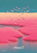 affiche, Hérault, flamant rose, étang, lac, paysage, design, graphisme, rose, turquoise
