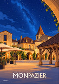 affiche, souvenir, Monpazier, nuit, nocturne, bastide, Dordogne, Périgord, village, décoration murale