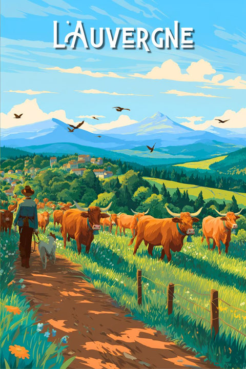 Affiche Puy de Dôme - Vaches Berger Chien