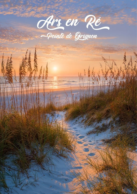affiche, Ars-en-Ré, Pointe du Grignon, plage, herbe haute, photo, coucher de soleil, photographie, île de Ré, souvenir