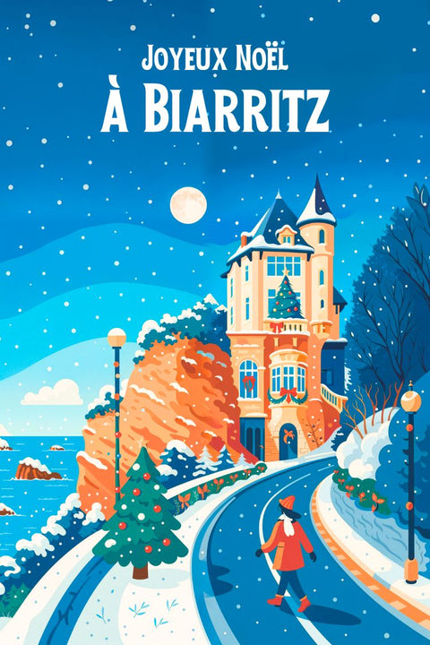 Affiche, Biarritz, Noël, Magie, Hiver, Neige, Décembre, Décoration, Fêtes, Art.