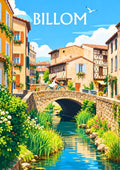 affiche, Billom, vue générale, ciel bleu, Auvergne, Puy-de-Dôme, village, souvenir, décoration murale, idée cadeau
