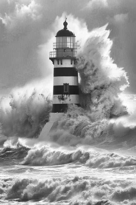 Affiche phare tempête noir et blanc