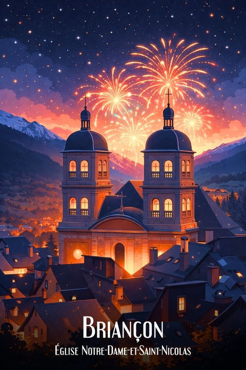 Briançon, Affiche, Église, Feu d'Artifice, Nocturne, Produit, Décoration, Murale, Design, Illustration.