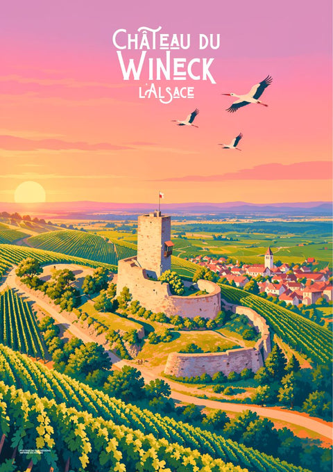 affiche, Château du Wineck, Alsace, sunset, coucher de soleil, paysage, campagne, château, souvenir, décoration murale