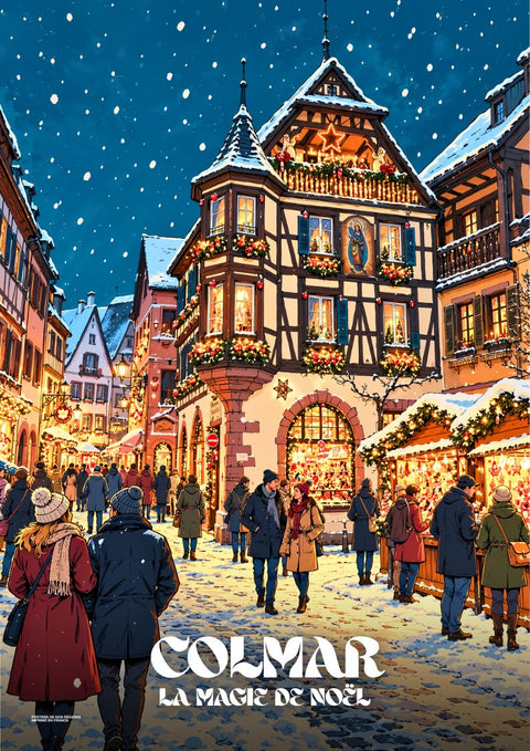 affiche, Colmar, rétro, vintage, marché de Noël, Belle Époque, neige, hiver, Alsace, décoration murale