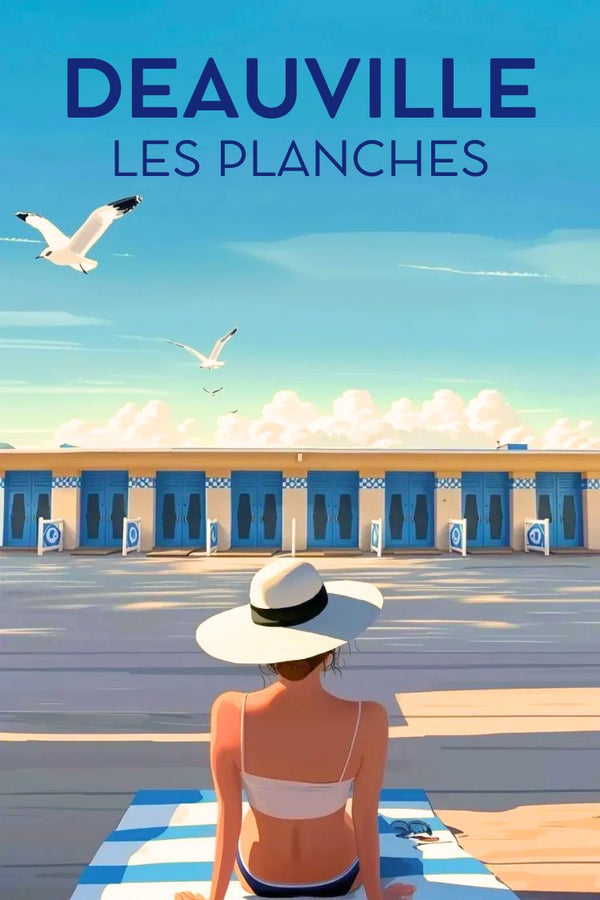 Affiche Deauville, poster bord de mer, déco murale Normandie, illustration vintage, cabines plage, ambiance chic, décoration intérieure