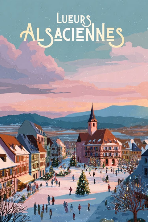 Affiche Alsace - Noël village marché sapin