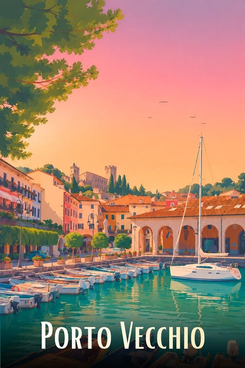 Affiche Porto Vecchio - Sunset port bateau chateau