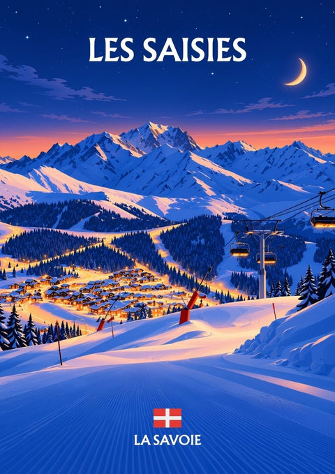 affiche, Les Saisies, by night, nuit, ski, étoiles, skieur, Savoie, souvenir, tourisme