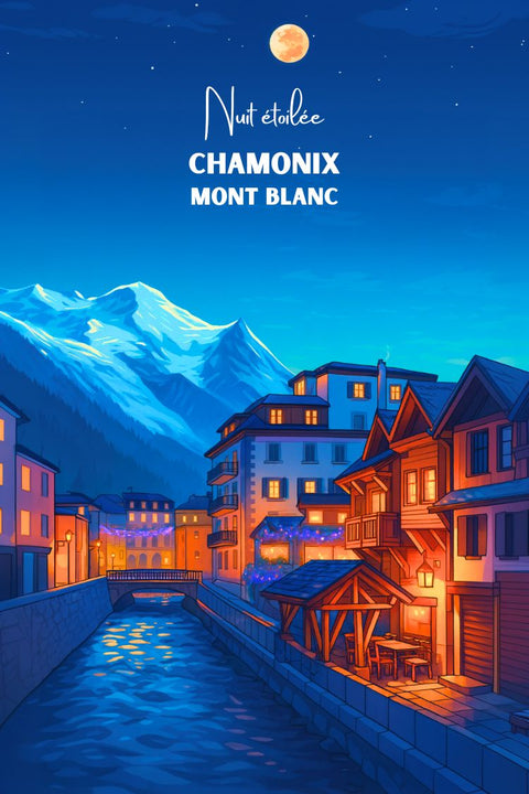 Affiche, Déco, Chamonix, Nuit, Lune, Neige, Ambiance, Alpine, Création, Produit