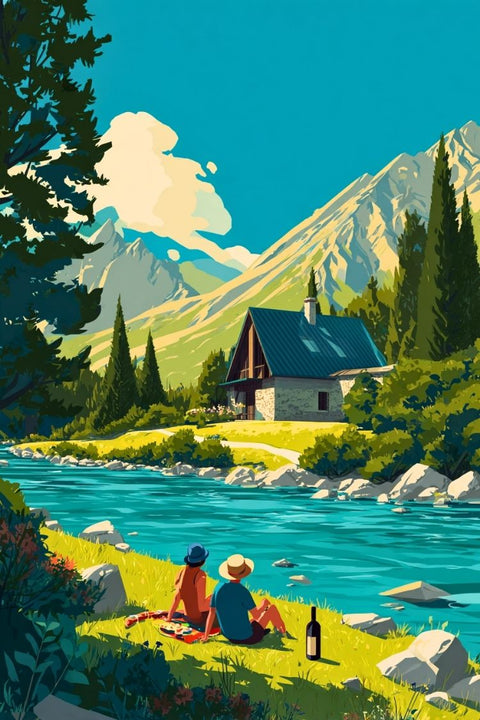 Piquenique, Pyrénées, affiche, dessin, montagnes, nature, panoramique, convivialité, plein-air, repas.