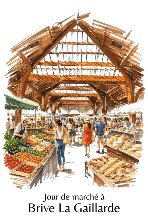 Affiche Brive la Gaillarde marché aquarelle
