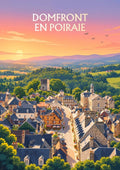 affiche, Domfront-en-Poiraie, rétro, vintage, coucher de soleil, vue du ciel, Normandie, Orne, décoration murale, graphisme