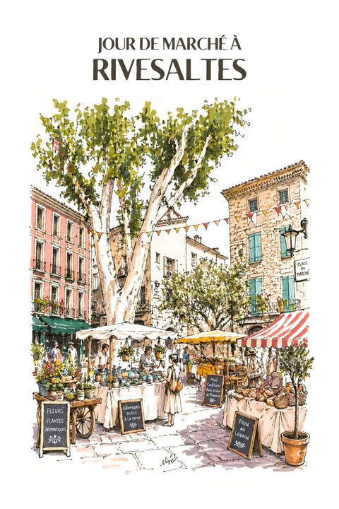 Affiche Rivesaltes - Marché aquarelle vintage