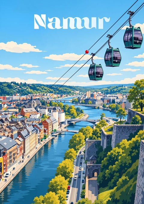 affiche, Namur, rétro, vintage, télésiège, Wallonie, Belgique, décoration murale, tendance, aesthetic