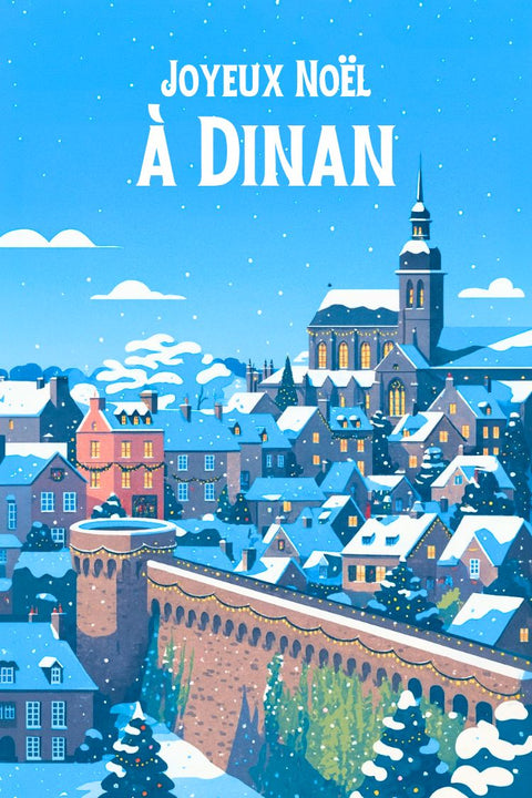 Dinan, hiver, enneigé, affiches, Noël, décorations, France, cadeaux, fêtes, tradition.