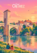 affiche, Orthez, pont, coucher de soleil, Béarn, gave, Pyrénées-Atlantiques, souvenir, décoration murale, idée cadeau