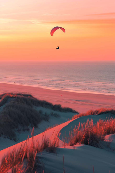 Affiche le parapente au coucher de soleil