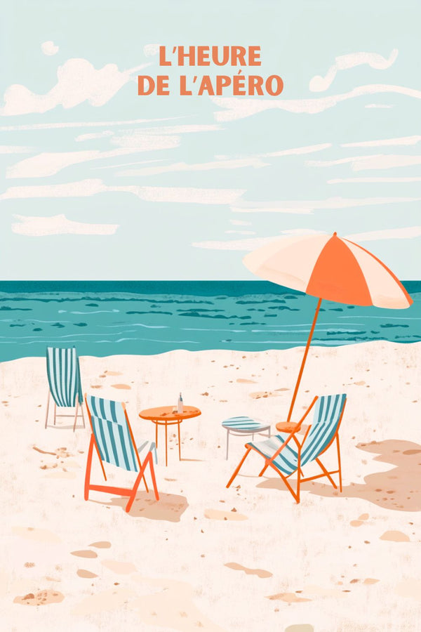Affiche Poster Plage Apéro Transat Parasol Pastel Décoration