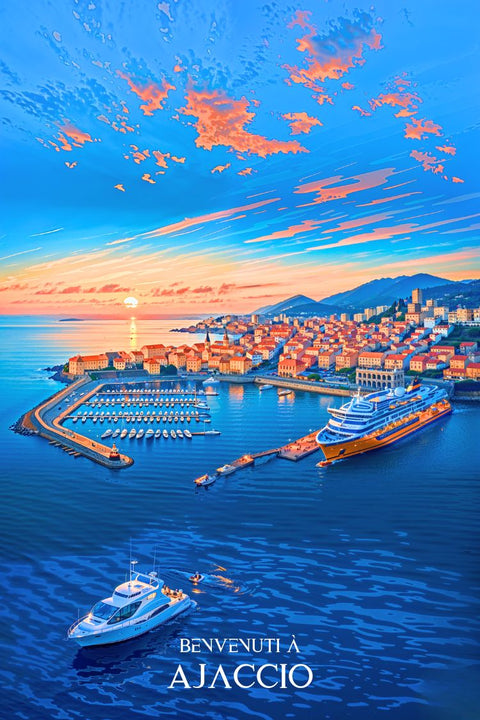 Ajaccio, coucher de soleil, vue du ciel, poster, Corse, paysage, décoration murale, photographie, nature, panoramique.