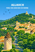 Affiche, Vintage, Allauch, Village, Marseille, Déco, Rétro, Moulin, Unique, Produit
